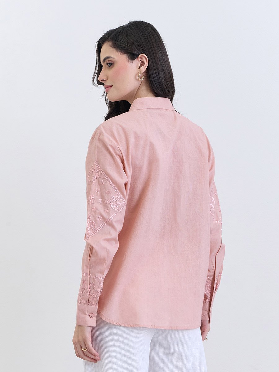 Pink Embroidered Regular Fit Shirt 