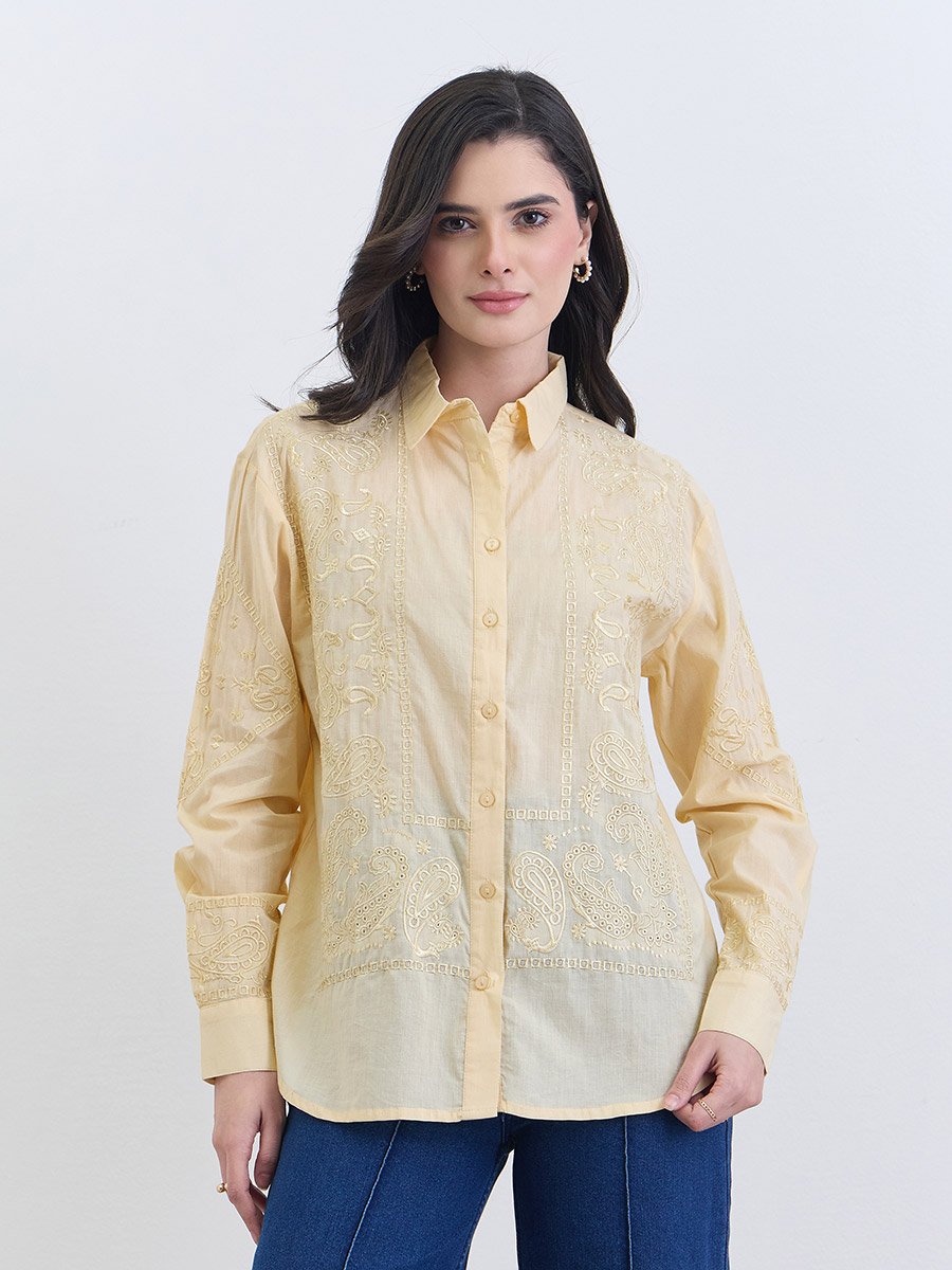 Yellow Embroidered Regular Fit Shirt 