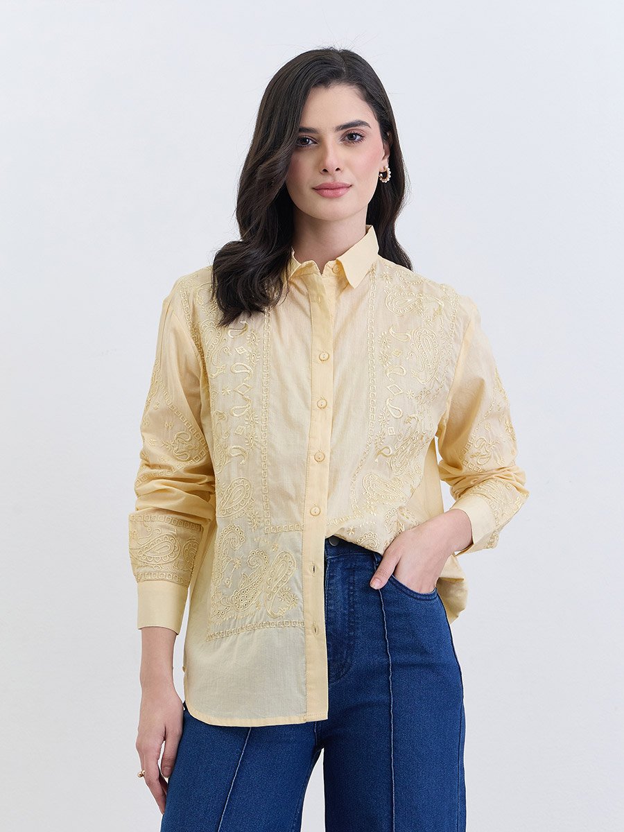 Yellow Embroidered Regular Fit Shirt 