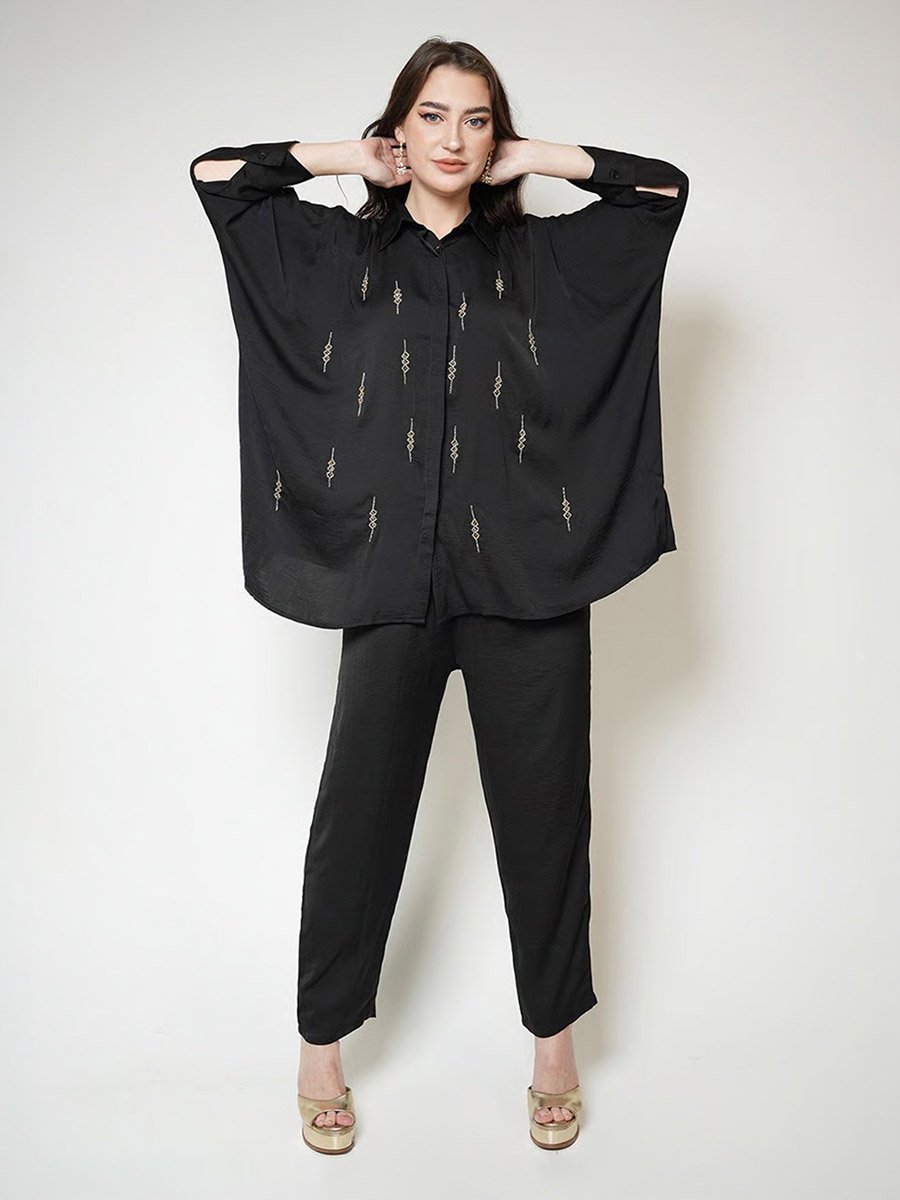 Matte Satin Beaded Shirt and Pants Modest Set