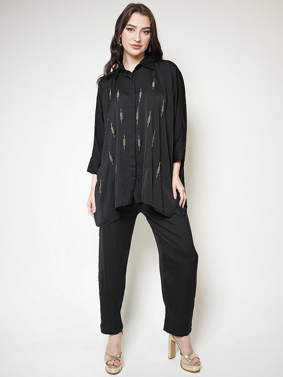 Matte Satin Beaded Shirt and Pants Modest Set