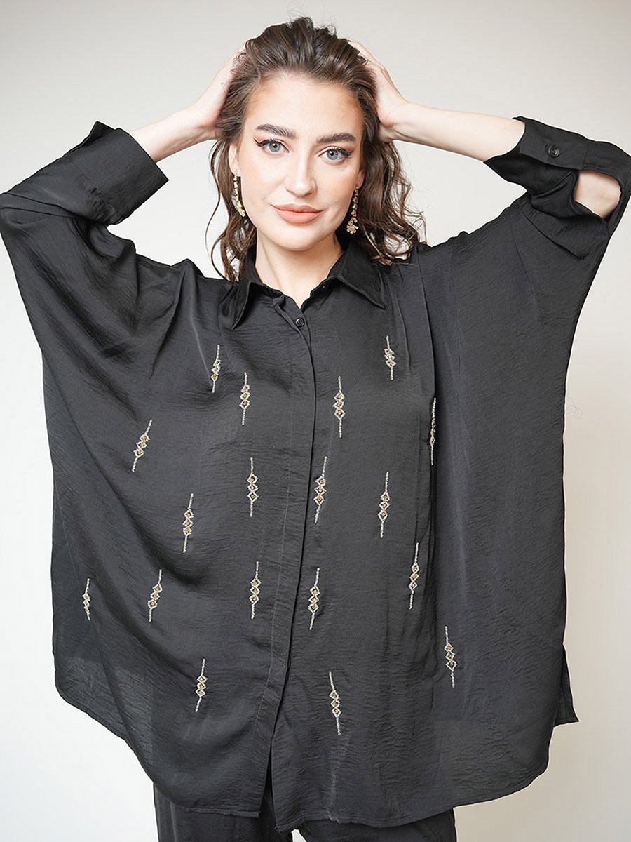 Matte Satin Beaded Shirt and Pants Modest Set