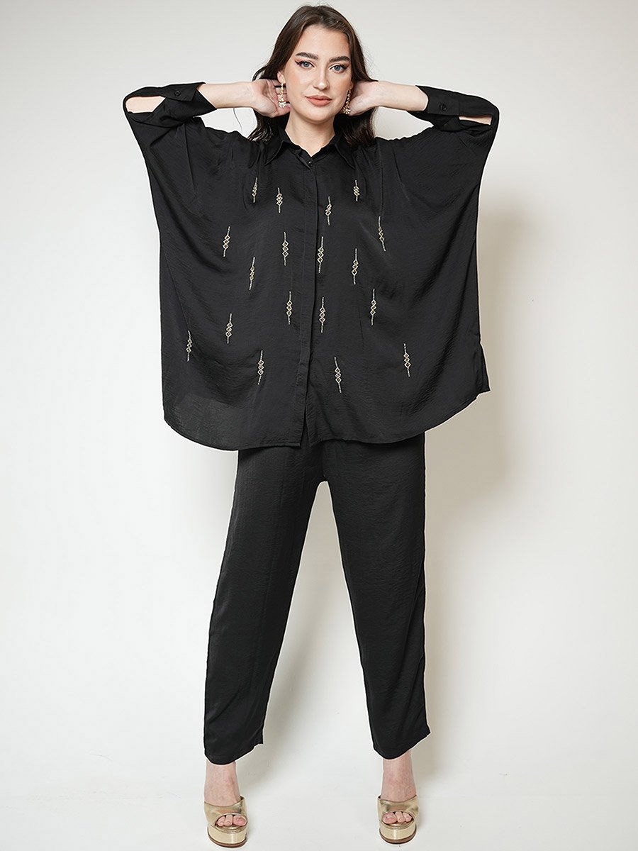 Matte Satin Beaded Shirt and Pants Modest Set