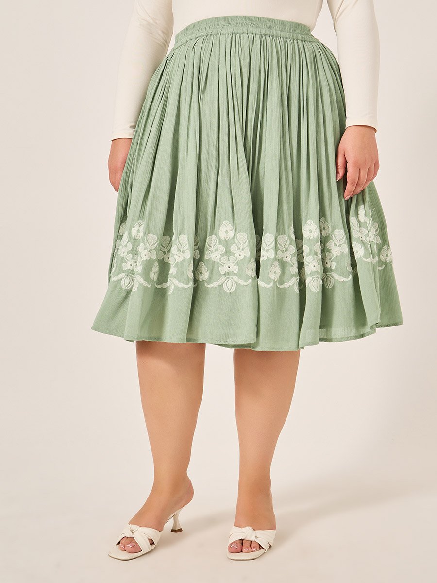 Plus Size Embroidered Gathered Midi Skirt