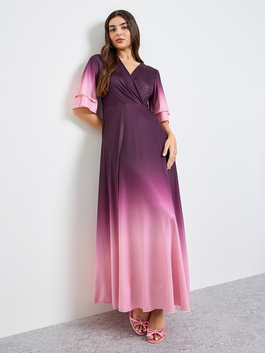 Ombre Print V-Neck Short Sleeve Maxi Dress