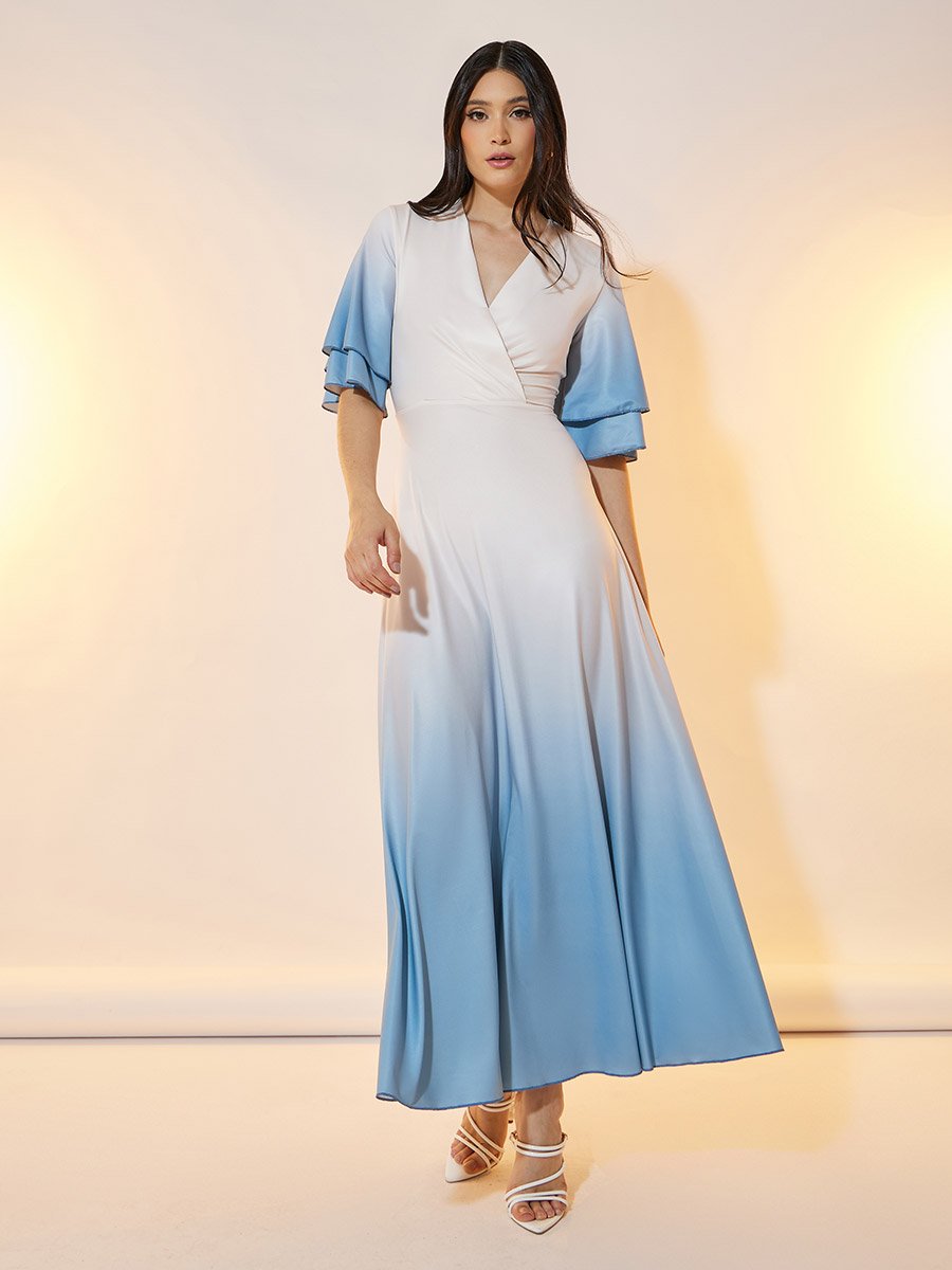 Ombre Look Frill Sleeves Wrap Front Maxi Dress For Women at Bahrain | Styli
