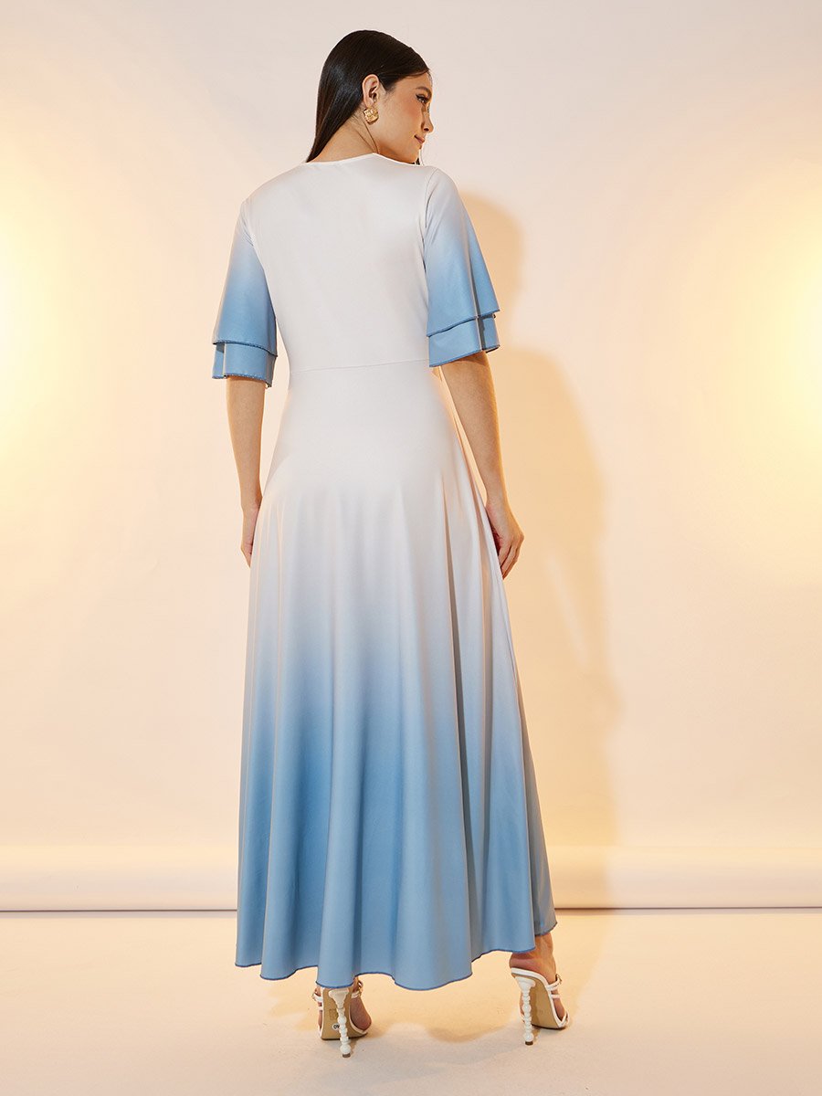 Ombre Look Frill Sleeves Wrap Front Maxi Dress