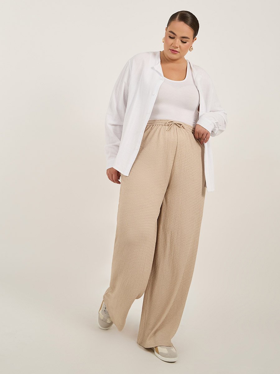 Plus Size Textured Wide Leg Trousers with Drawstring