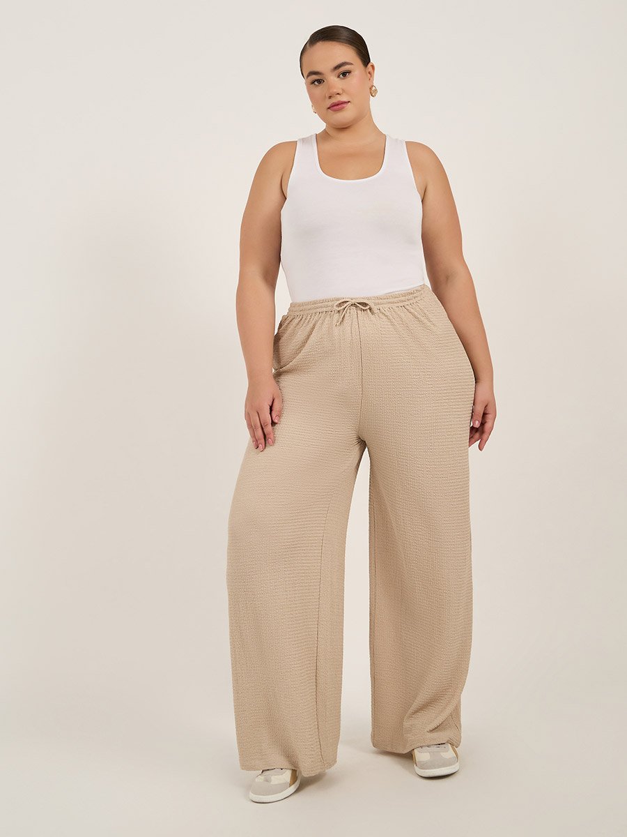 Plus Size Textured Wide Leg Trousers with Drawstring