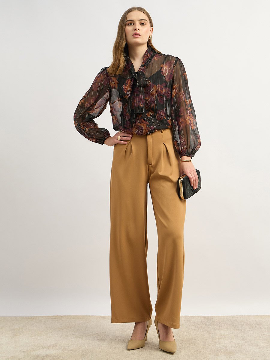 Printed Balloon Sleeve Tie-Up Neck Blouse