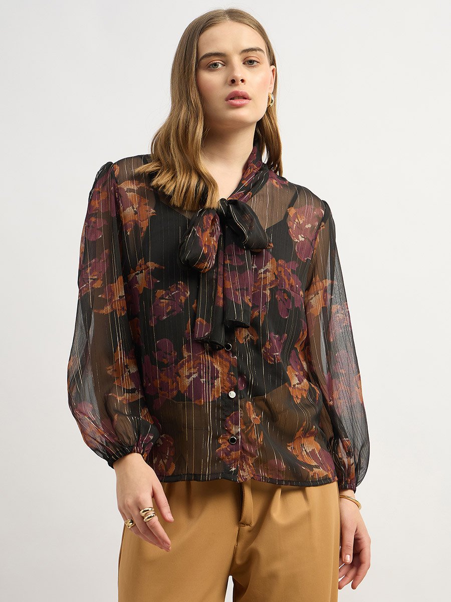 Printed Balloon Sleeve Tie-Up Neck Blouse