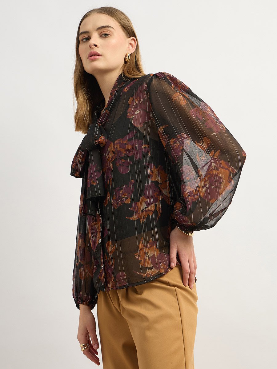 Printed Balloon Sleeve Tie-Up Neck Blouse