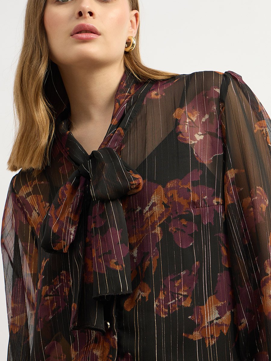 Printed Balloon Sleeve Tie-Up Neck Blouse