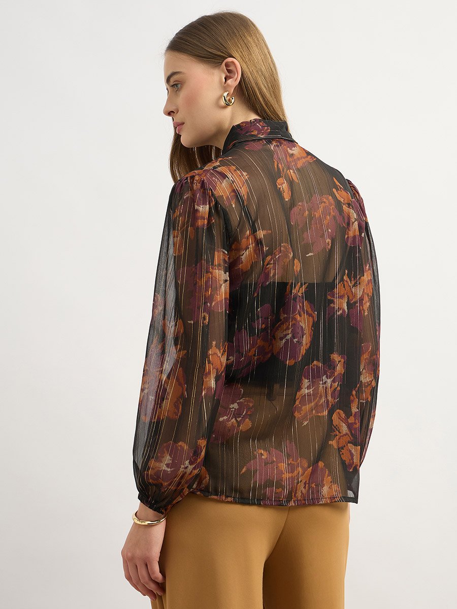 Printed Balloon Sleeve Tie-Up Neck Blouse