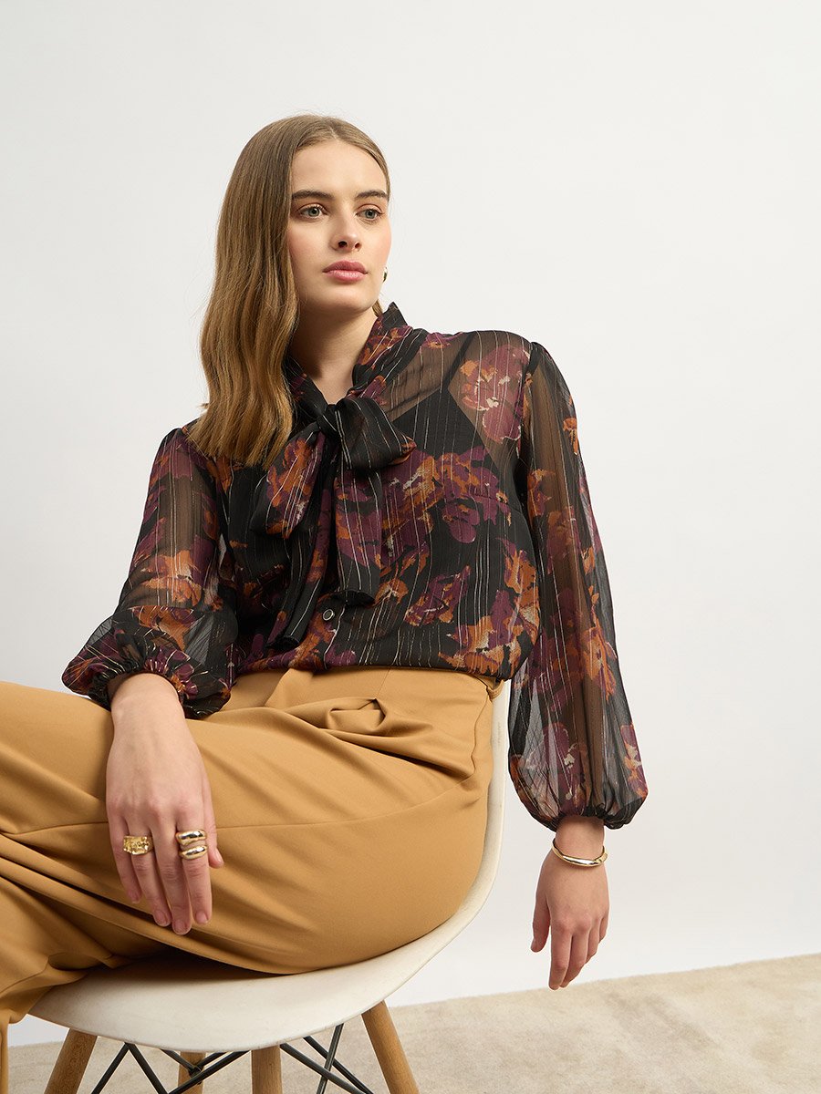 Printed Balloon Sleeve Tie-Up Neck Blouse