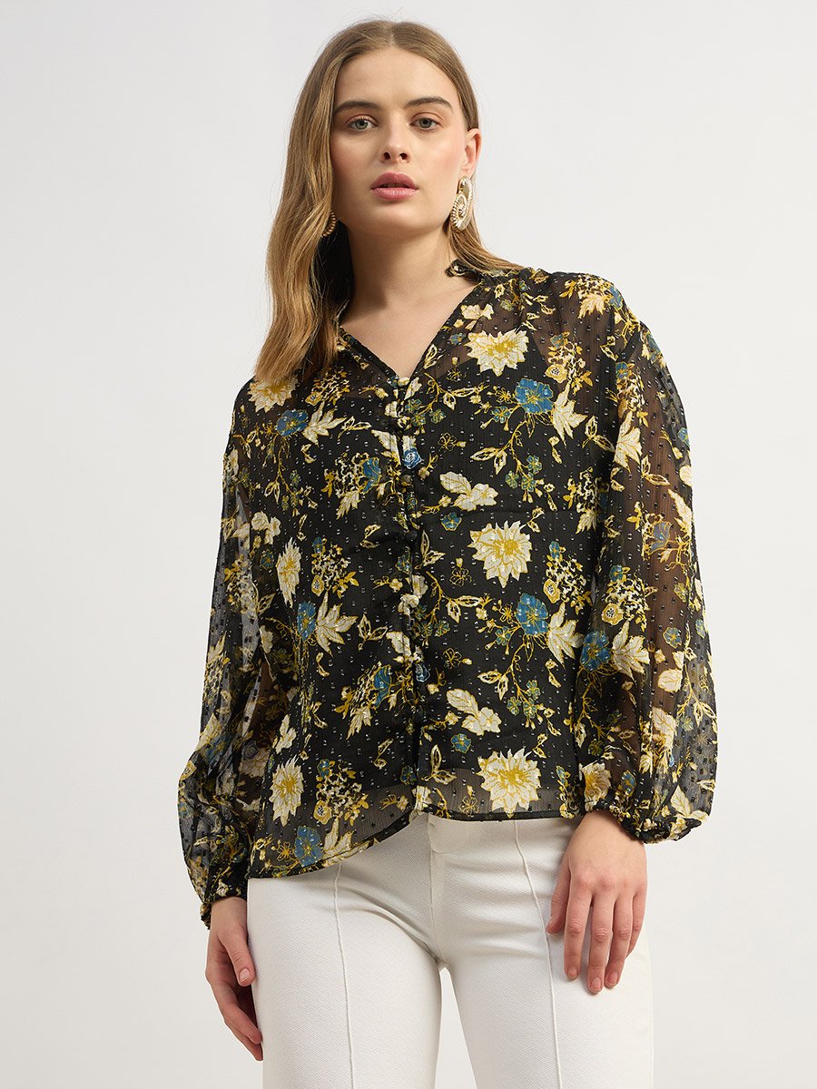 Floral Print Balloon V-Neck Blouse