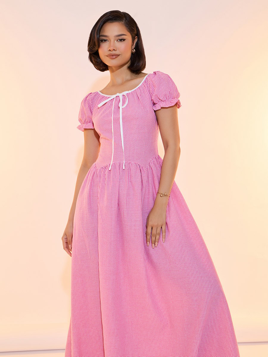 strapless open back dress Sherrie Midi Dress - Blush Gingham
