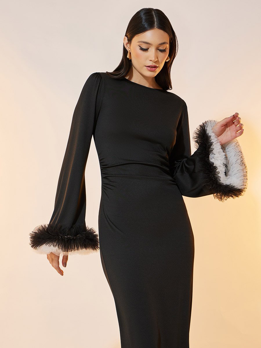 Layered Mesh Frill Cuff Trumpet Sleeve Maxi Dress