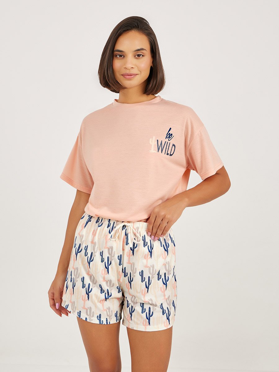 Be Wild Graphic T-Shirt and Cactus Print Shorts Set