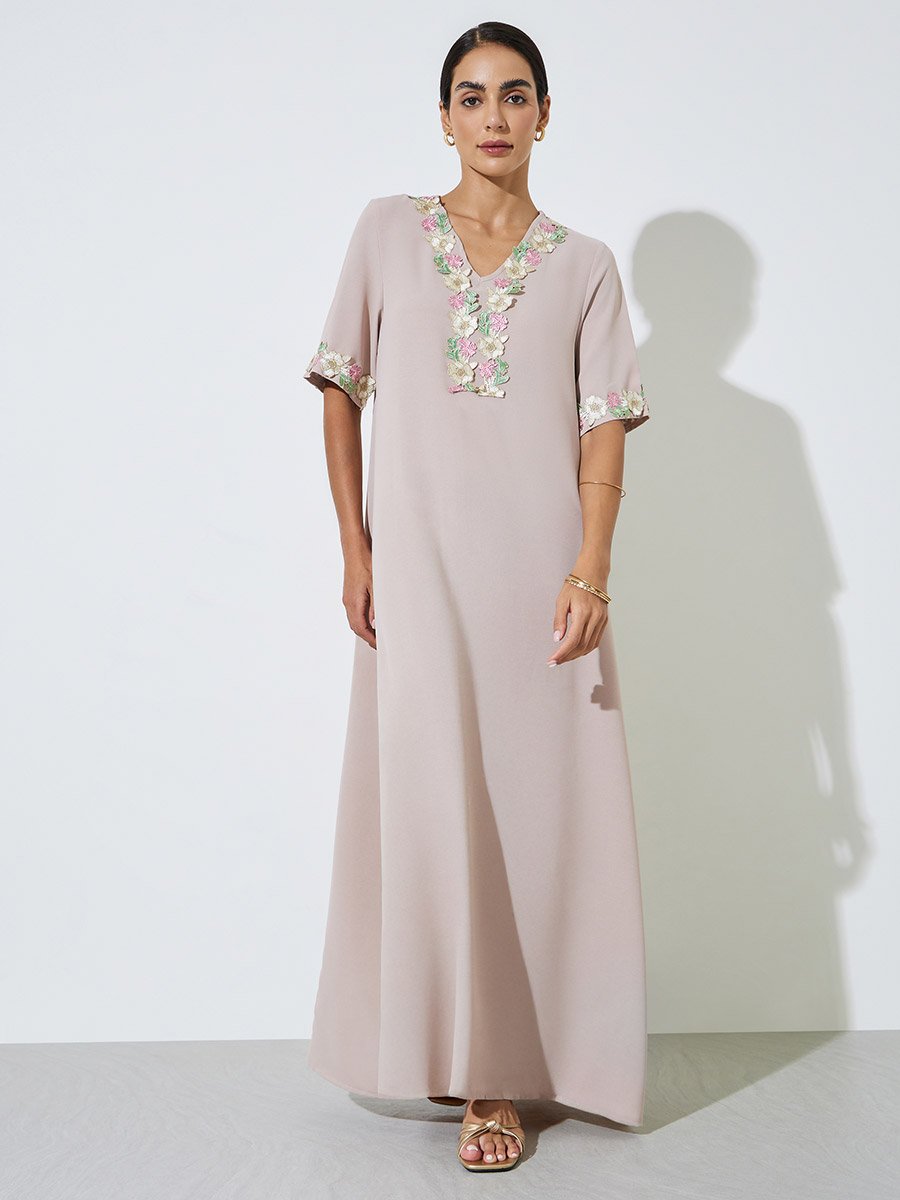 Beige Floral Lace Trim V Neck Jalabiya