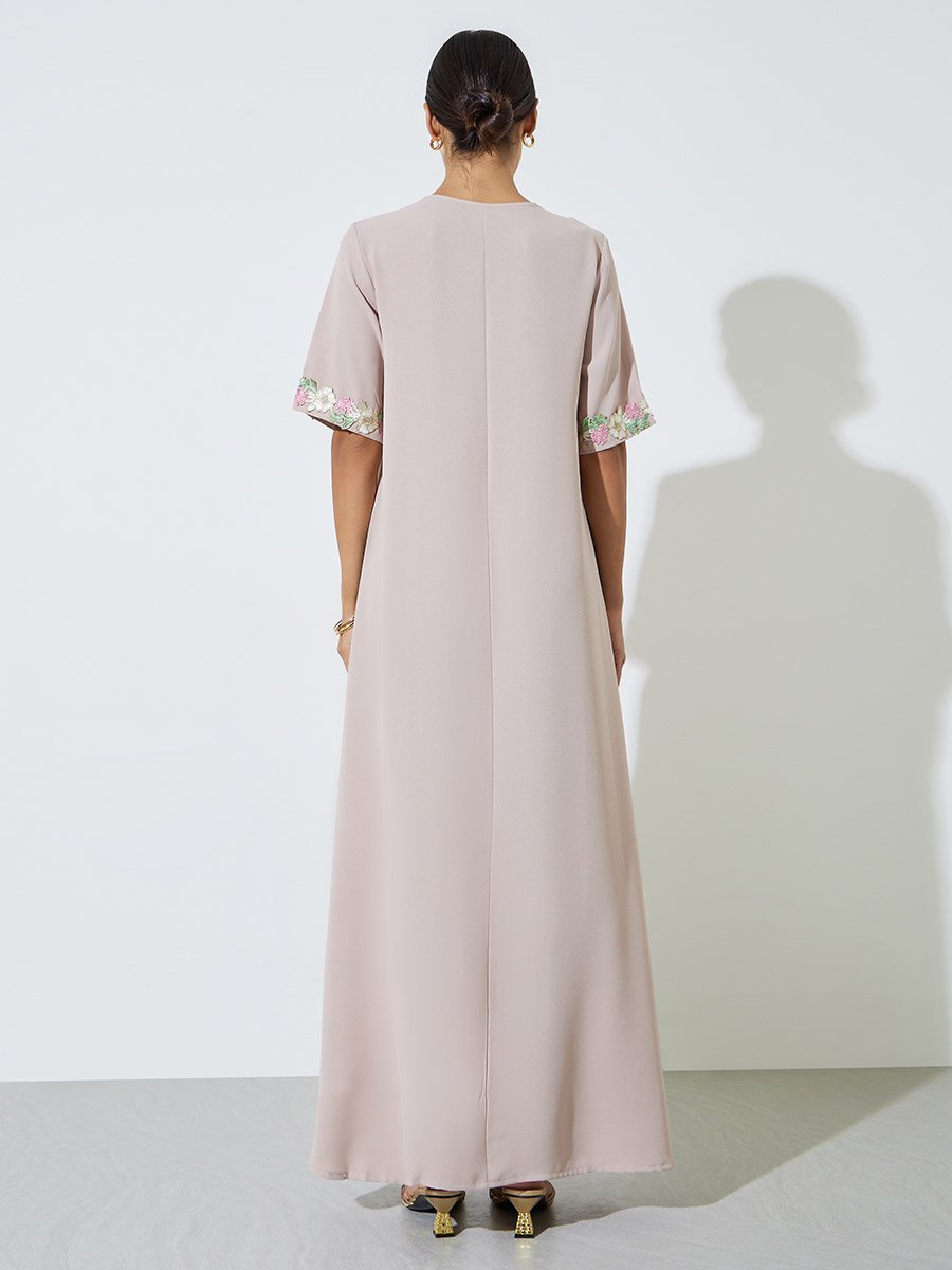 Beige Floral Lace Trim V Neck Jalabiya