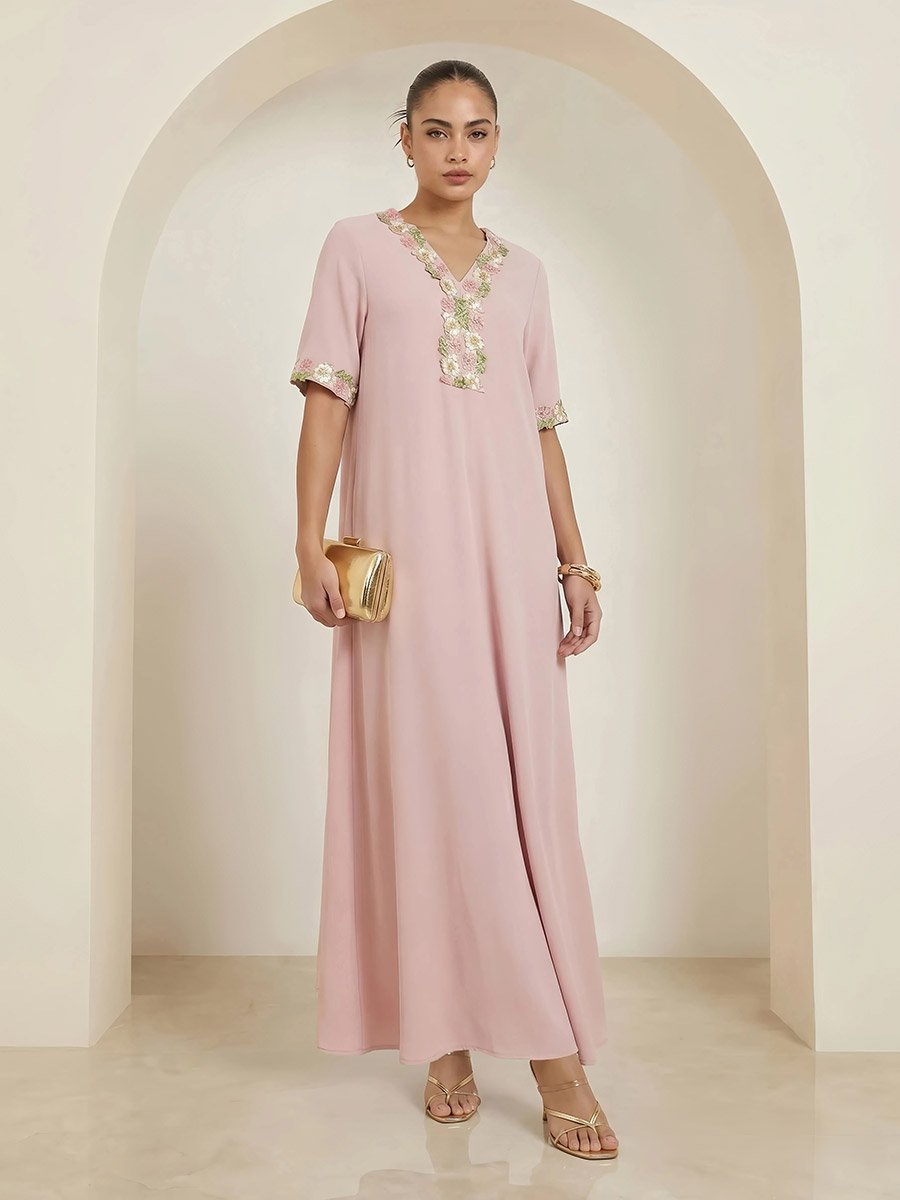 Pink Floral Lace Trim V Neck Jalabiya