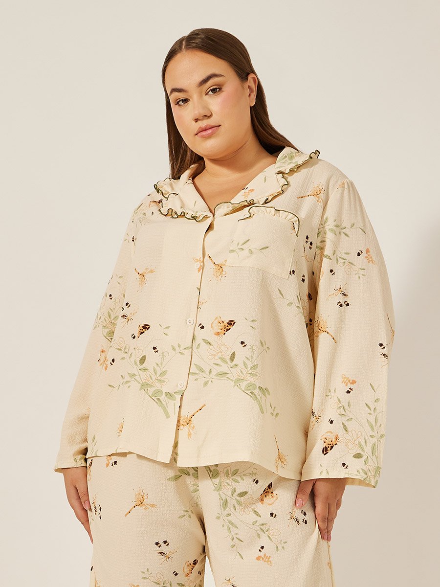 Plus Size Floral Print Shirt and Pyjama Pants Set with Scalloped Edge