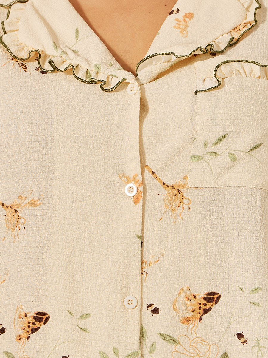 Plus Size Floral Print Shirt and Pyjama Pants Set with Scalloped Edge