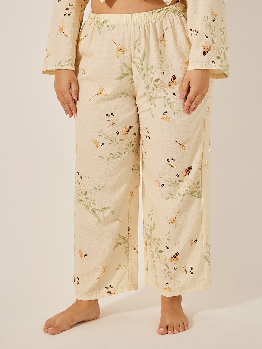 Plus Size Floral Print Shirt and Pyjama Pants Set with Scalloped Edge