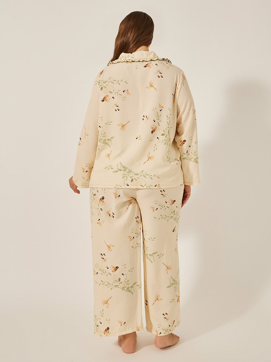 Plus Size Floral Print Shirt and Pyjama Pants Set with Scalloped Edge