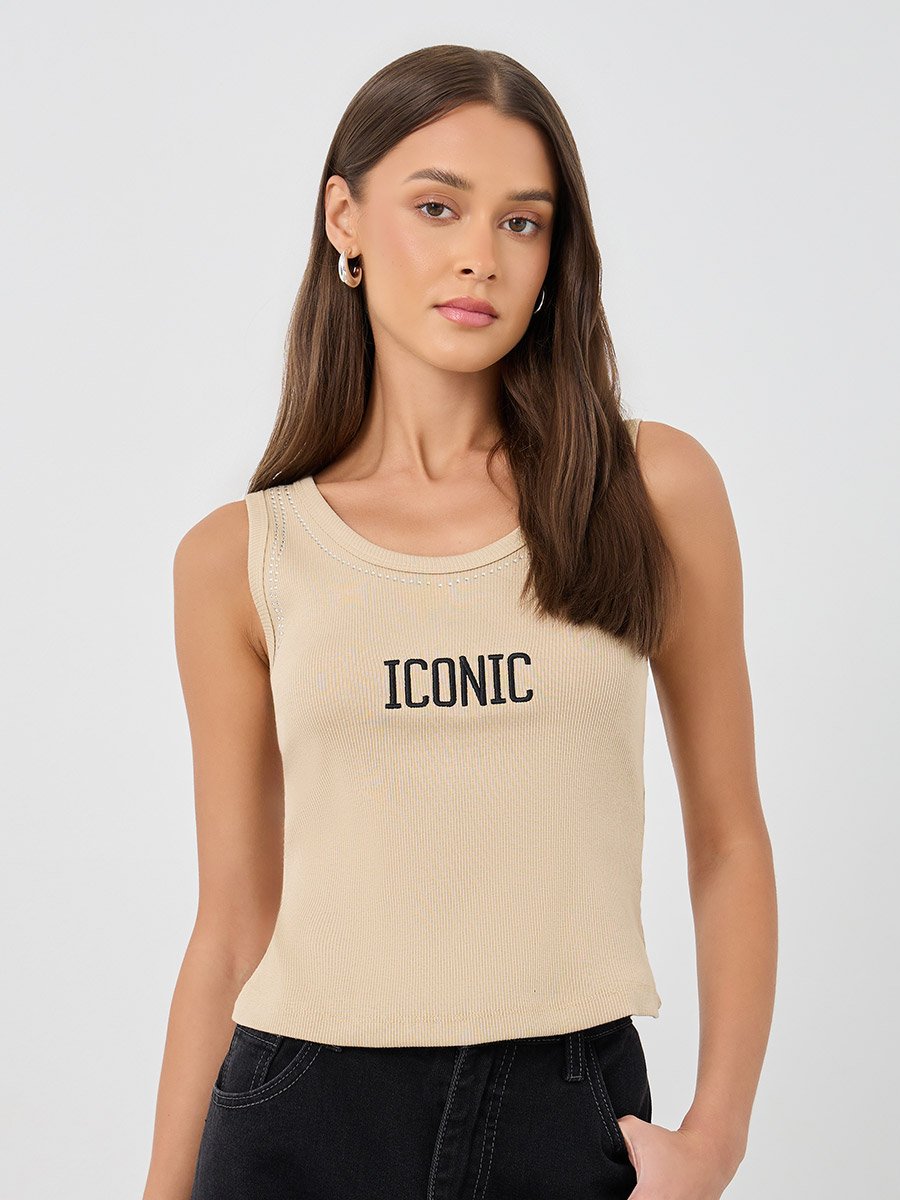 Embroidered Slogan Fitted Round Neck Tank 