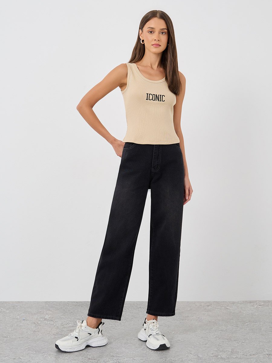 Embroidered Slogan Fitted Round Neck Tank 