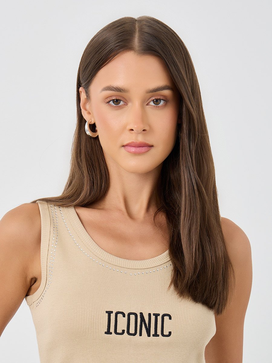 Embroidered Slogan Fitted Round Neck Tank 