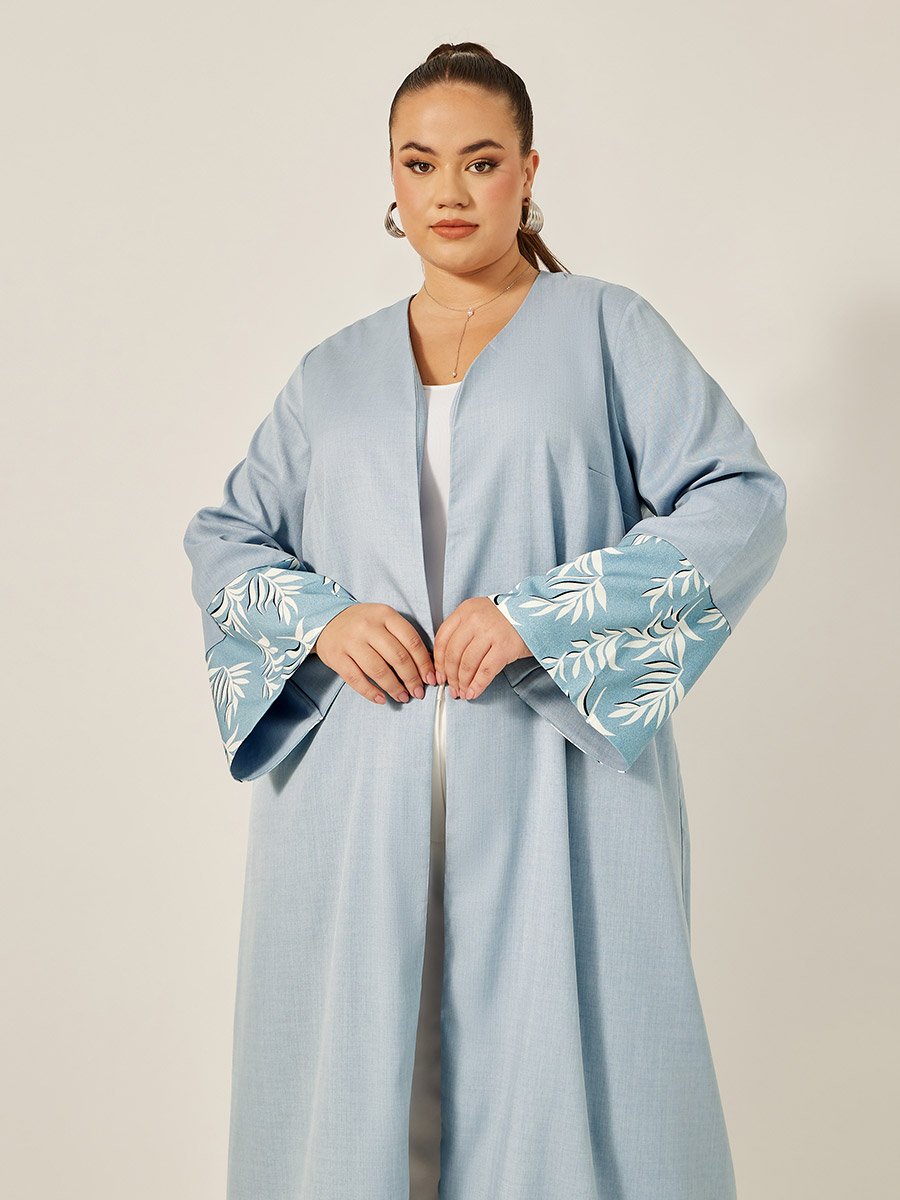 Plus Size A-Line Front Open Abaya with Printed Tonal Detail