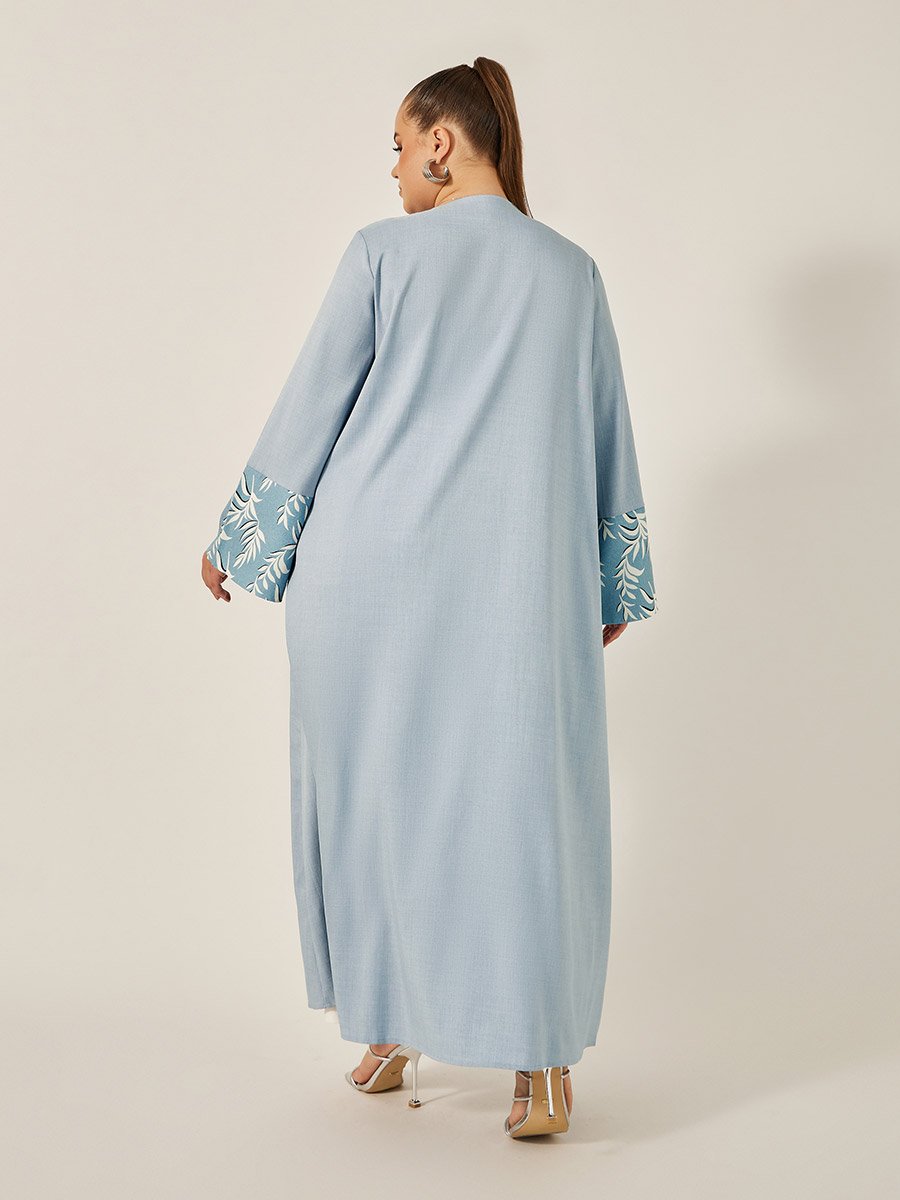Plus Size A-Line Front Open Abaya with Printed Tonal Detail