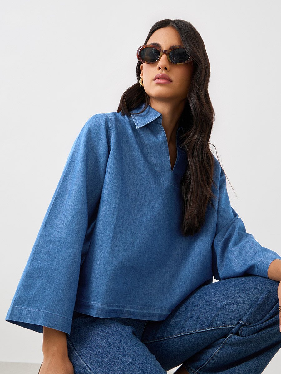 Solid Collared Long Sleeve Boxy Denim Top