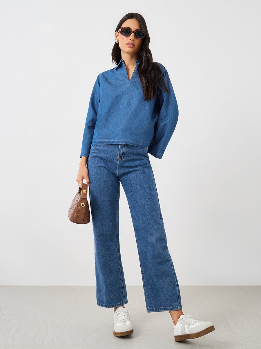 Solid Collared Long Sleeve Boxy Denim Top