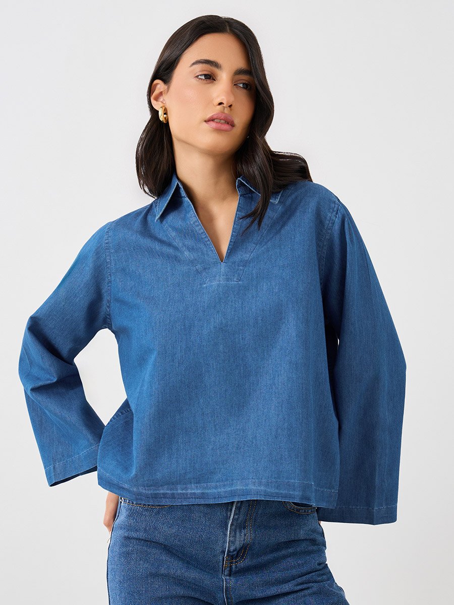 Solid Collared Long Sleeve Boxy Denim Top