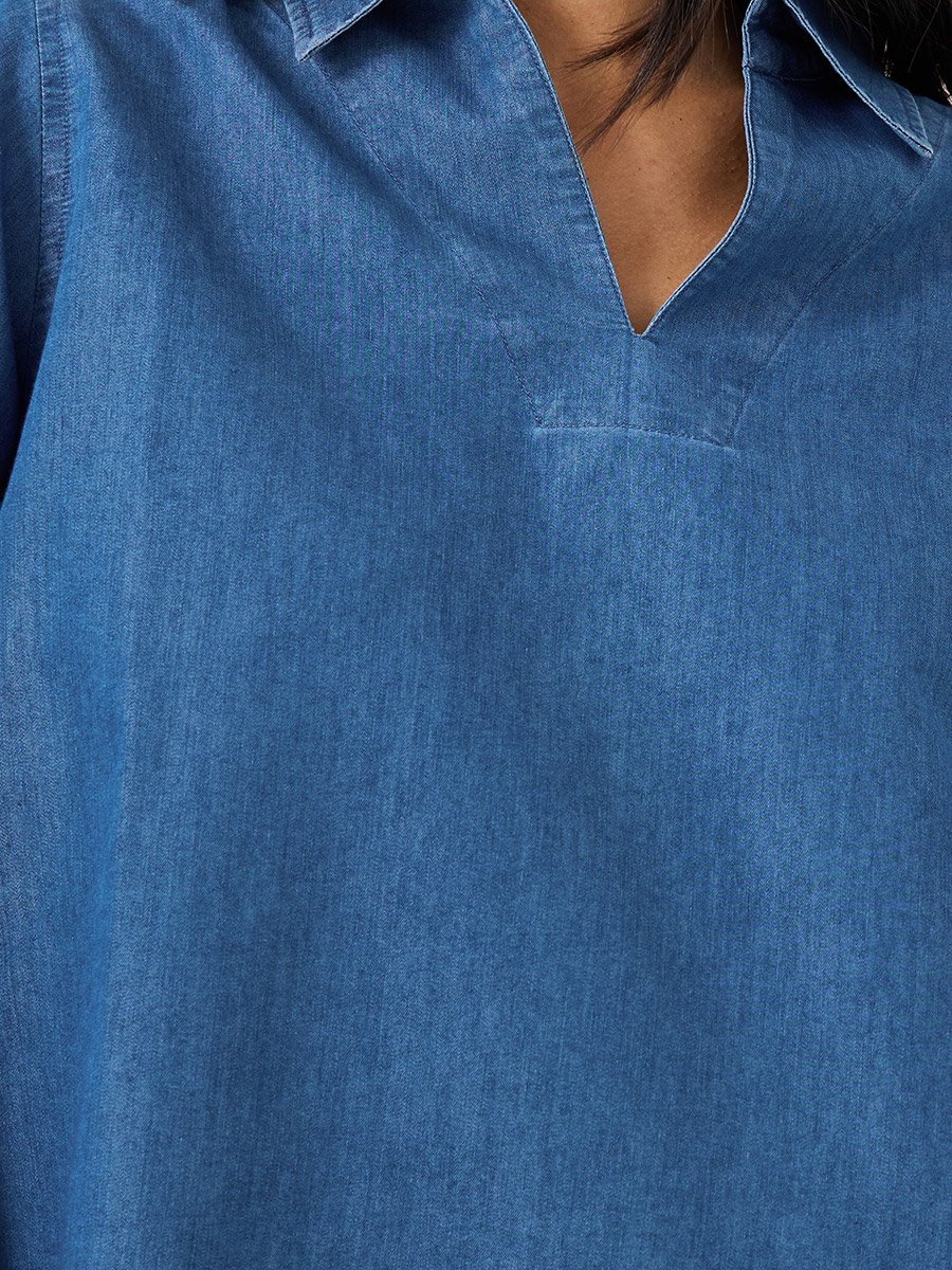 Solid Collared Long Sleeve Boxy Denim Top