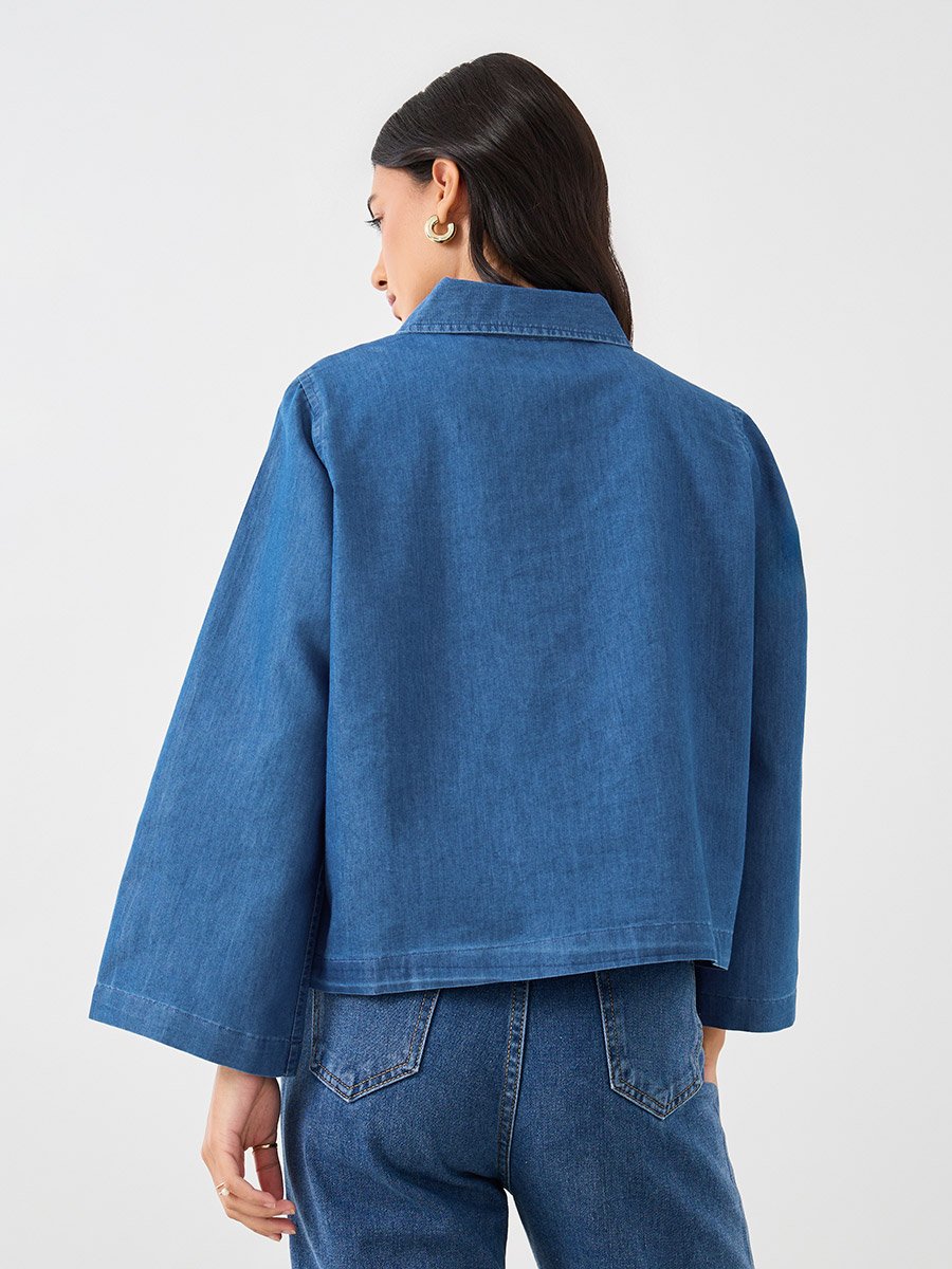 Solid Collared Long Sleeve Boxy Denim Top