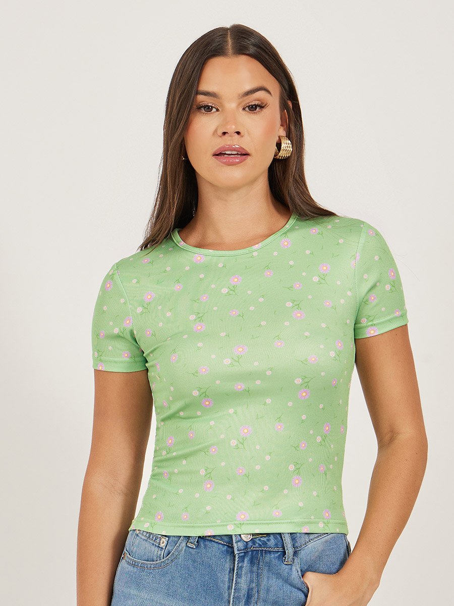 Ribbed Printed Round Neck Fitted T-Shirt
