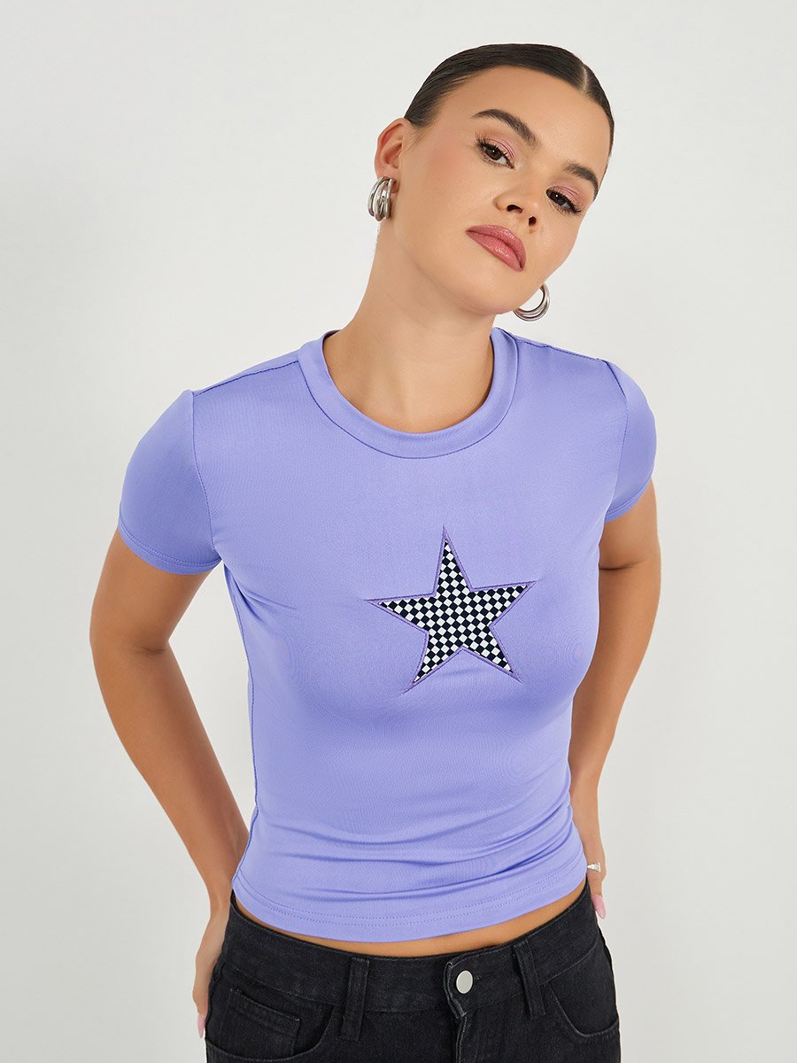 Embroidered Round Neck Fitted Crop T-Shirt