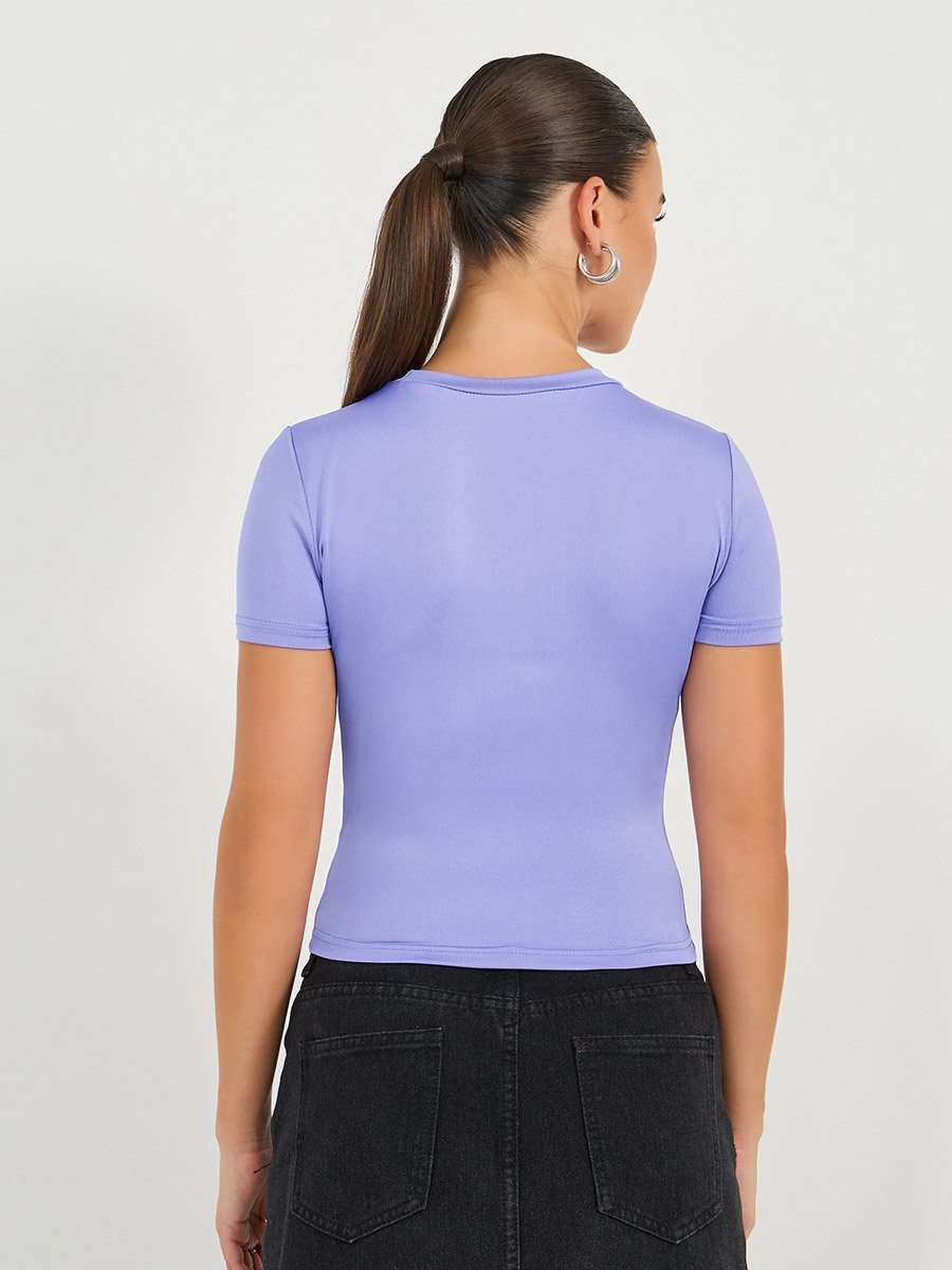 Embroidered Round Neck Fitted Crop T-Shirt