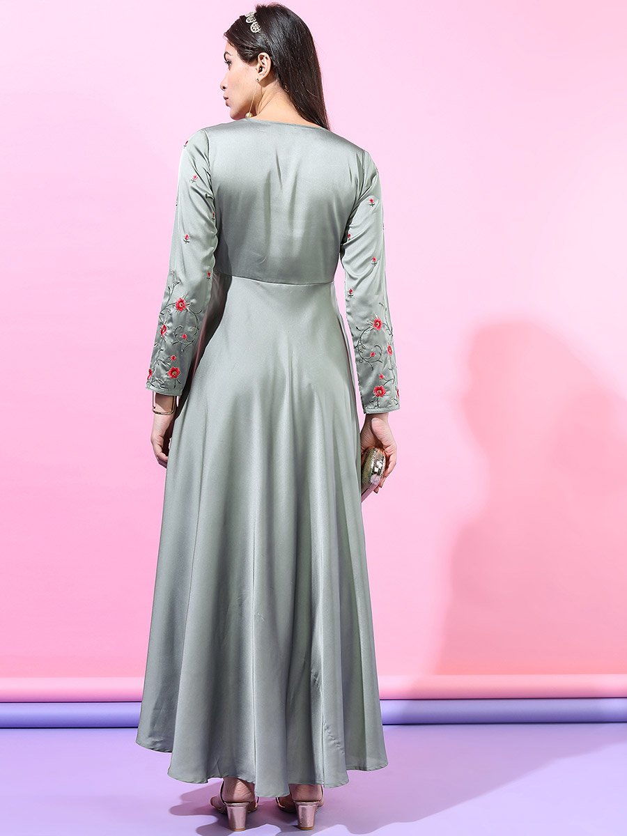 Embroidered Panel Satin A-Line Maxi Dress