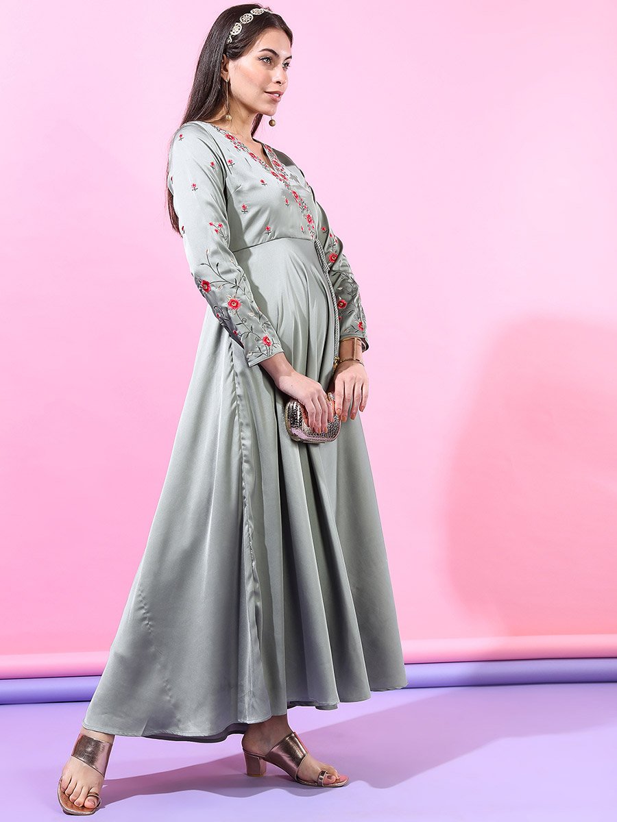 Embroidered Panel Satin A-Line Maxi Dress