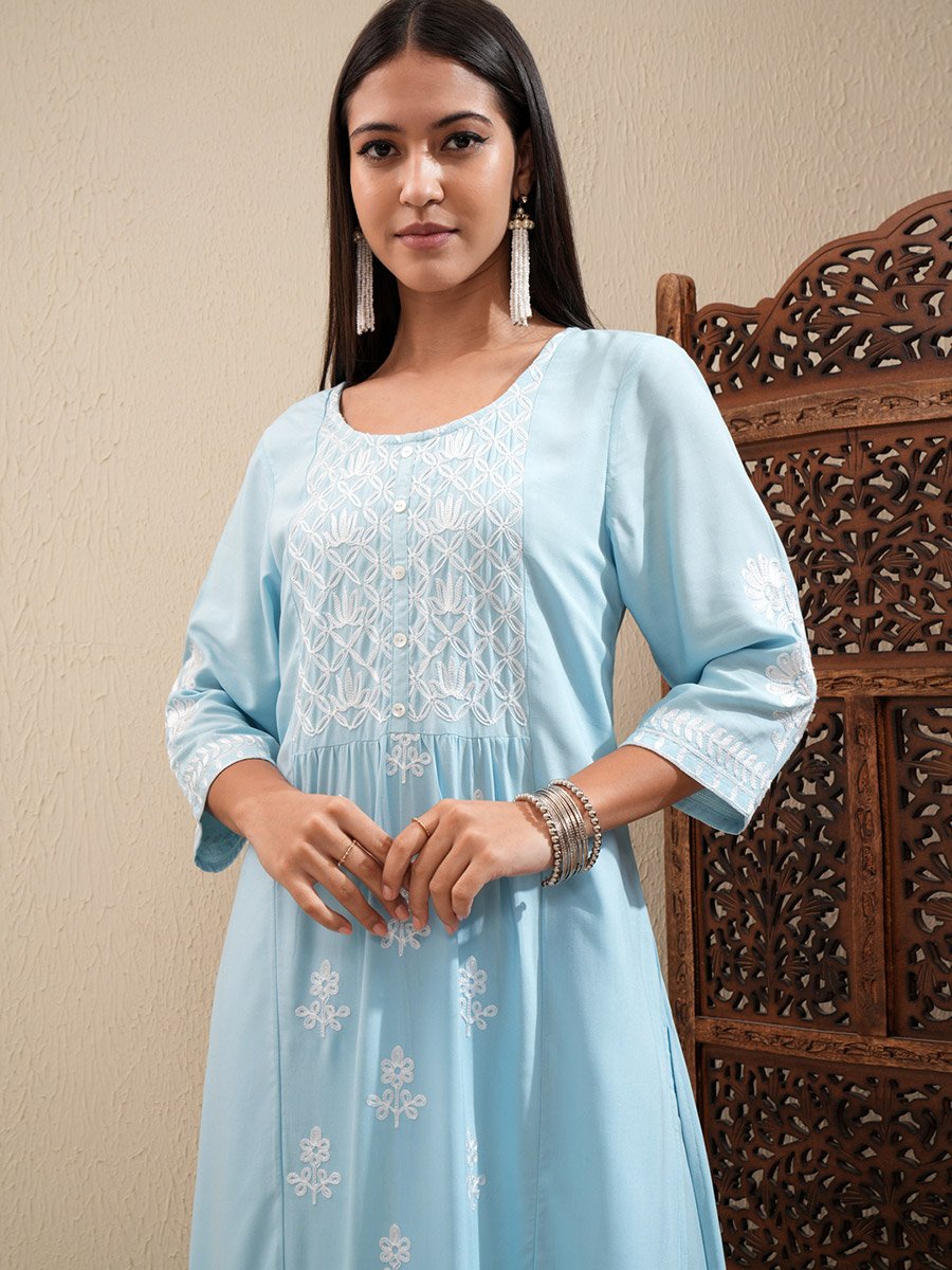 Floral Embroidered Thread Work Straight Kurta and Palazzos Set