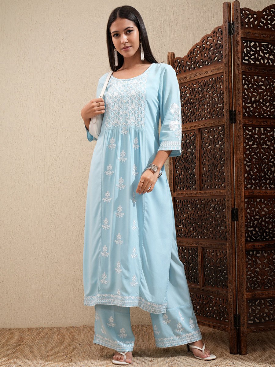 Floral Embroidered Thread Work Straight Kurta and Palazzos Set