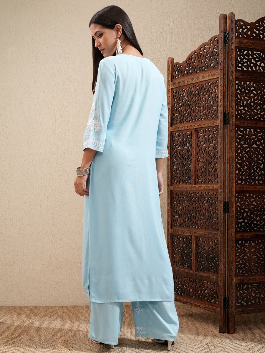 Floral Embroidered Thread Work Straight Kurta and Palazzos Set