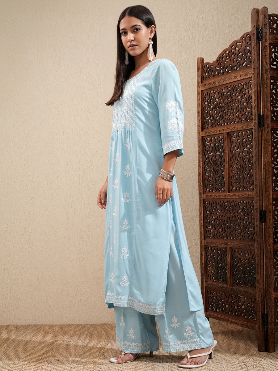 Floral Embroidered Thread Work Straight Kurta and Palazzos Set