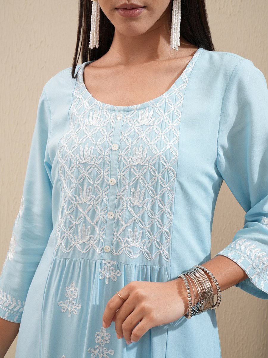 Floral Embroidered Thread Work Straight Kurta and Palazzos Set